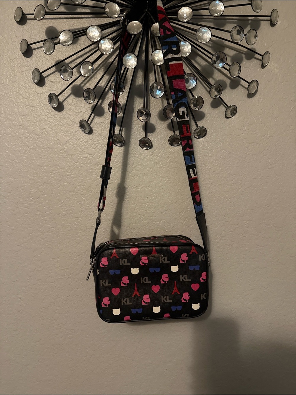 Karl Lagerfeld Black Crossbody Bag with Pink and Blue Accents